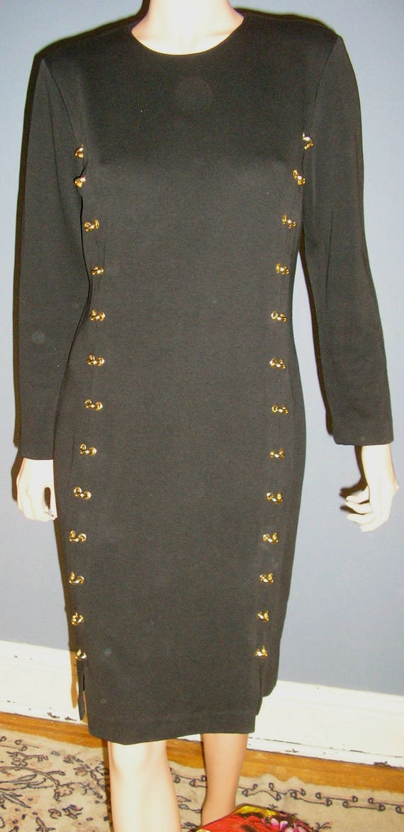 Vintage 80s Adrienne Vittadini Black Cotton Knit Dress Size 12 Made in Hong  Kong MINT Gold Attached Hoops 