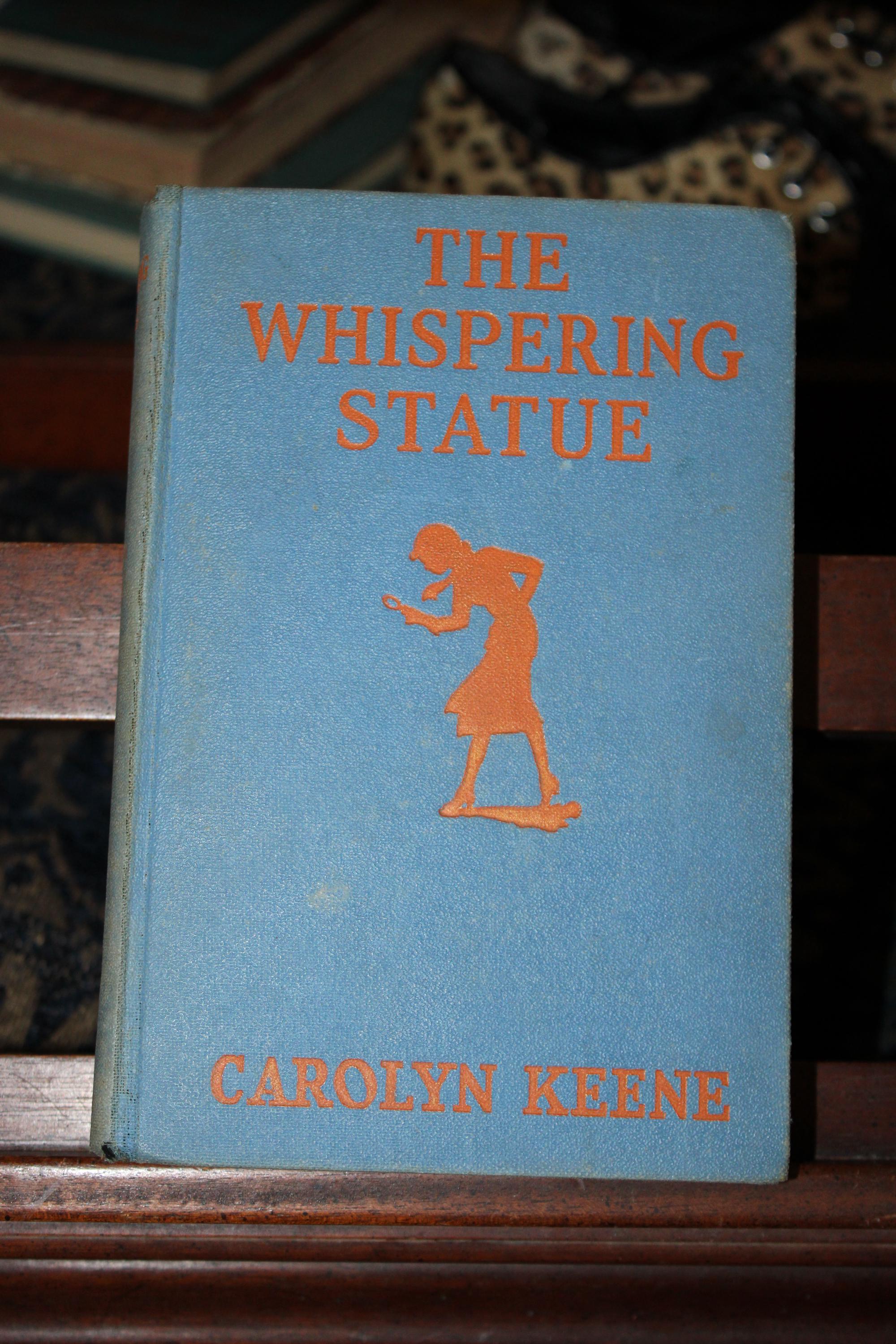 Antique, 1930s, Nancy Drew, Whispering Statue, early reprint, blue boards, orange spyglass, lists to self