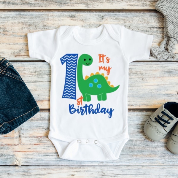 Dinosaur first birthday boy bodysuit or shirt, One year old boys 1st birthday, Personalized boys cake smash outfit, Apatosaurus dino party