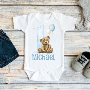 Teddy Bear First Birthday Shirt or Bodysuit, Personalized Baby Boy 1st Birthday Tee, Beary Special Theme Party, Boys Bear Blue Balloons