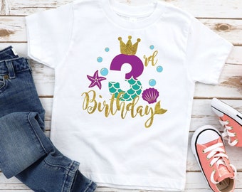 Mermaid Third Birthday Shirt, Mermaid 3rd Birthday Tee, Three Year Old Girl Top, Under The Sea Party, Mermaid Birthday Party Theme