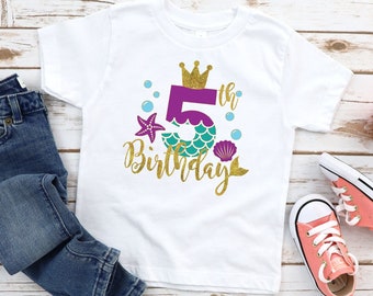 Mermaid Fifth Birthday Shirt, Mermaid 5th Birthday Tee, Five Year Old Girl Top, Under The Sea Party, Mermaid Birthday Party Theme