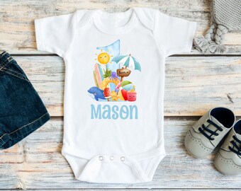 Beach First Birthday Shirt or Bodysuit, Boys Summer Birthday, Pool Party, Boy Personalized Seaside 1st Birthday, Sea Themed Surfing