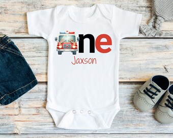 Firetruck First Birthday Shirt or Bodysuit, Boys Birthday Party, Personalized Fire Truck 1st Birthday, Fire Engine Boy Theme, 1st Birthday