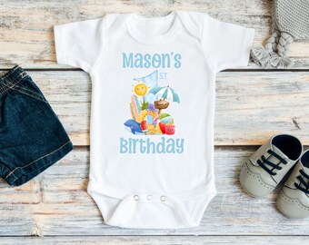 Beach First Birthday Shirt or Bodysuit, Boys Summer Birthday, Pool Party, Personalized Seaside 1st Birthday, Sea Themed Birthday, Surfing