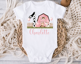 First birthday cow shirt or bodysuit, Cow birthday shirt for baby girl, Barnyard 1st birthday, Holy cow I'm one, Farm cow themed party pink