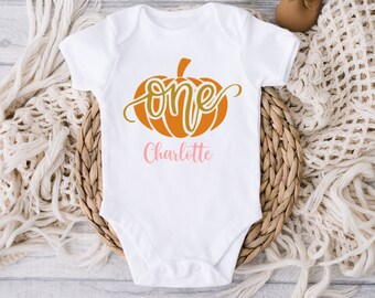 Baby Girl Pumpkin First Birthday bodysuit or shirt, Personalized Fall 1st Birthday, Pink Gold and Orange Pumpkin Fall Birthday, October