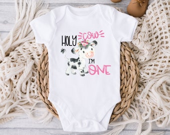 First birthday cow shirt or bodysuit, Holy Cow I'm One birthday shirt for baby girl, Barnyard 1st birthday, One Year Old Farm party pink