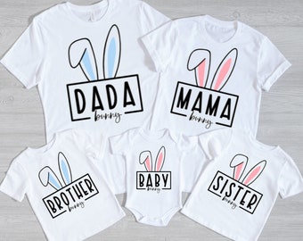 Chemises familiales lapin de Pâques, chemises familiales lapin, chemises assorties pour Pâques, t-shirts familiaux assortis, t-shirt assorti Pâques, maman lapin, papa