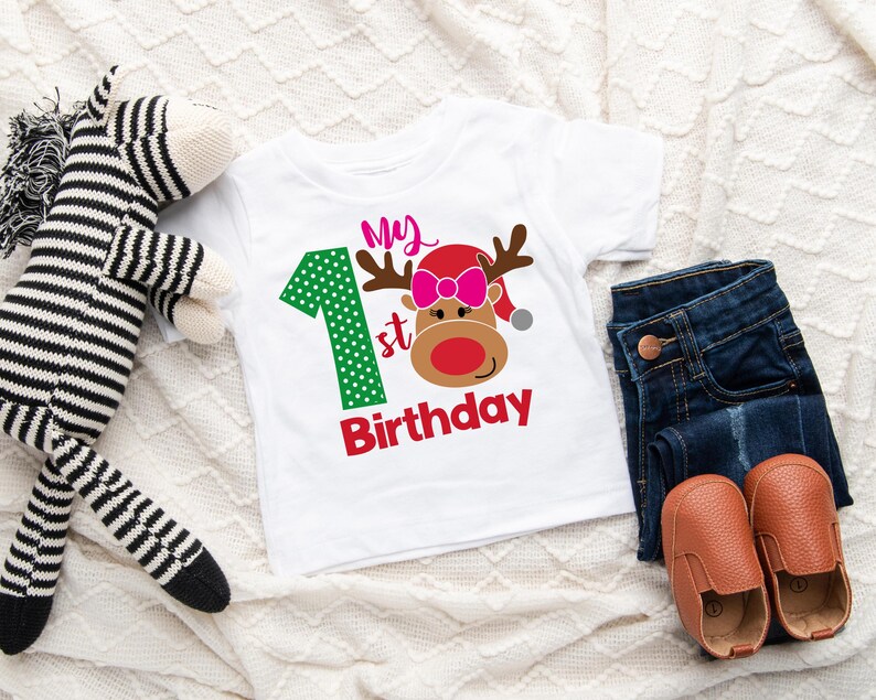Christmas First BIRTHDAY Shirt or Bodysuit, Reindeer 1st Birthday Girl