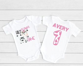 First birthday cow shirt or bodysuit, Holy Cow I'm One birthday shirt for baby girl, Barnyard 1st birthday, One Year Old Farm party pink