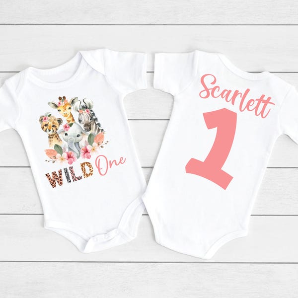 Wild One Birthday Onesie®, Personalized Girls Birthday Shirt, Baby Girl Birthday Bodysuit, Safari Party Tee, Zoo Animals 1st Birthday Outfit