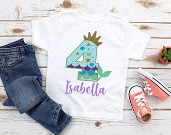 Mermaid 4th Birthday Shirt, Personalized Fourth Birthday Kid TShirt, Four Year Old Girl, Little Mermaid Outfit, 4 Under The Sea Party