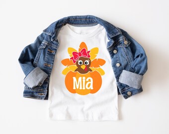 Girls Thanksgiving shirt or bodysuit, Newborn Thanksgiving shirt, Personalized Thanksgiving, Girl turkey pumpkin shirt, Fall baby clothes