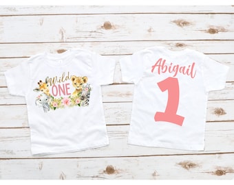 Wild One Birthday Shirt, Personalized Girls Birthday TShirt, Baby Girl Birthday Onesie®, Safari Party Tee, Zoo Animals 1st Birthday Outfit