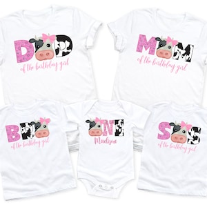 Farm birthday family shirts, Girls cow first birthday shirt or bodysuit, Farm birthday party, Matching barnyard birthday shirts, Girl cow