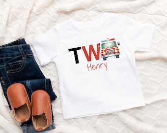 Boy Firetruck Birthday Shirt, Boys Second Birthday Fire Truck Tee, Two Birthday T-Shirt, Personalized Kids 2nd Top, Fire Fighter Theme Party