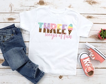 Three Scoops of Fun Birthday Girl Toddler Shirt, Personalized Girl Third Birthday, Ice Cream Girls 3rd Birthday T-shirt, Three Year Old Tee