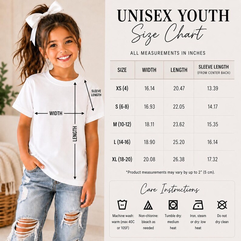 May include: A white t-shirt worn by a child, accompanied by a size chart titled UNISEX YOUTH Size Chart with measurements in inches. The chart lists sizes XS through XL with width, length, and sleeve length, plus care instructions with icons.