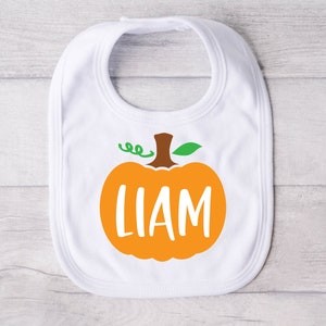 Personalized Pumpkin Bib, Baby Boy Thanksgiving Bib, Baby Girl Halloween Bib, Boys or Girls Custom Name Fall Bib, Baby Shower Gift
