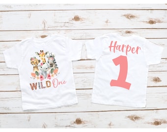 Wild One Birthday Shirt, Personalized Girls Birthday TShirt, Baby Girl Birthday Onesie®, Safari Party Tee, Zoo Animals 1st Birthday Outfit