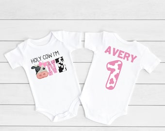 First birthday cow shirt or bodysuit, Cow birthday shirt for baby girl, Barnyard 1st birthday, Holy cow I'm one, Farm cow themed party pink