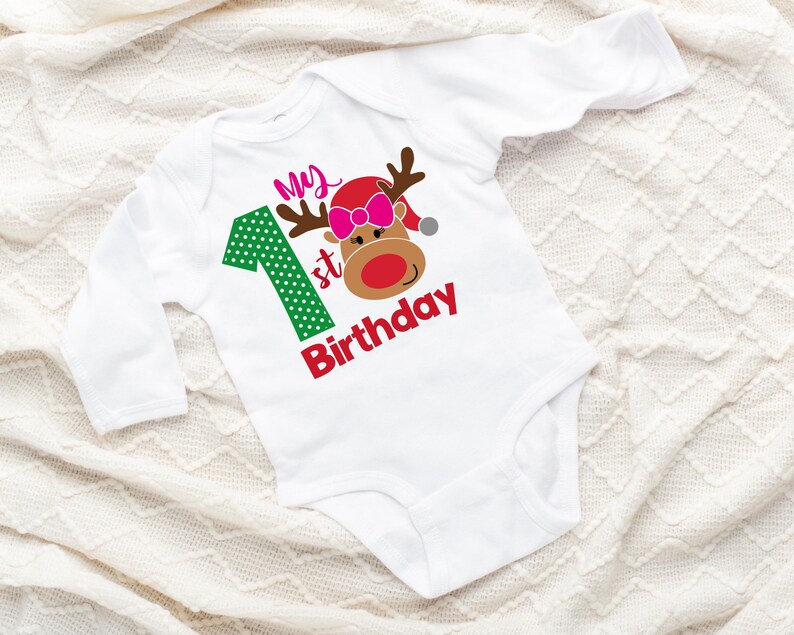 Christmas First BIRTHDAY Shirt or Bodysuit, Reindeer 1st Birthday Girl