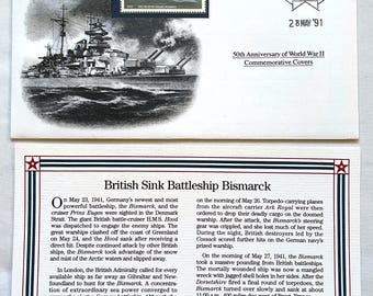 50th Anniversary British Sink Battleship Bismarck Commemorative Cover May 28, 1991 and Mint Stamp