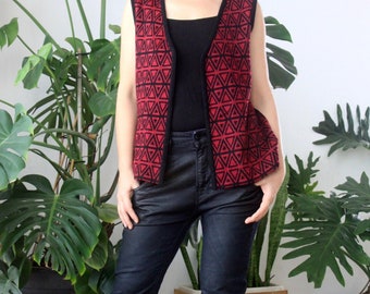 70s lamb wool boho west Magenta and black vest Chevron print Geometric print