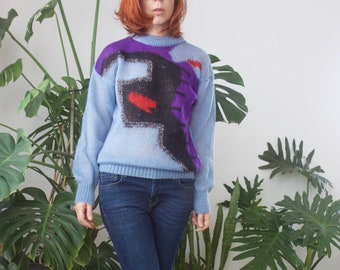 80s colorblock wool hand knit sweater Abstract patchwork pullover Dolman sleeve top