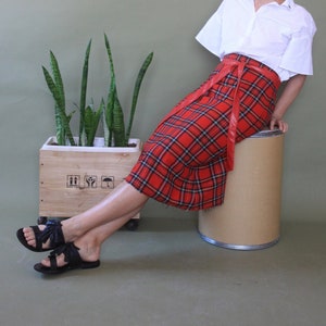 Red tartan 70s skirt Midi plaid skirt Wool checked skirt 70s skirt Preppy A-line skirt image 1