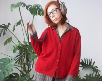 Pure wool cardinal red cardigan Gunter Elisabetha cardigan Lipstick red cardigan Deep V Hip length cardi