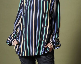 Vintage 70s striped blouse Multicoloured on black boho shirt