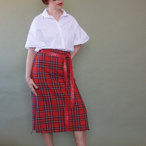 Red tartan 70s skirt Midi plaid skirt Wool checked skirt 70s skirt Preppy A-line skirt image 10