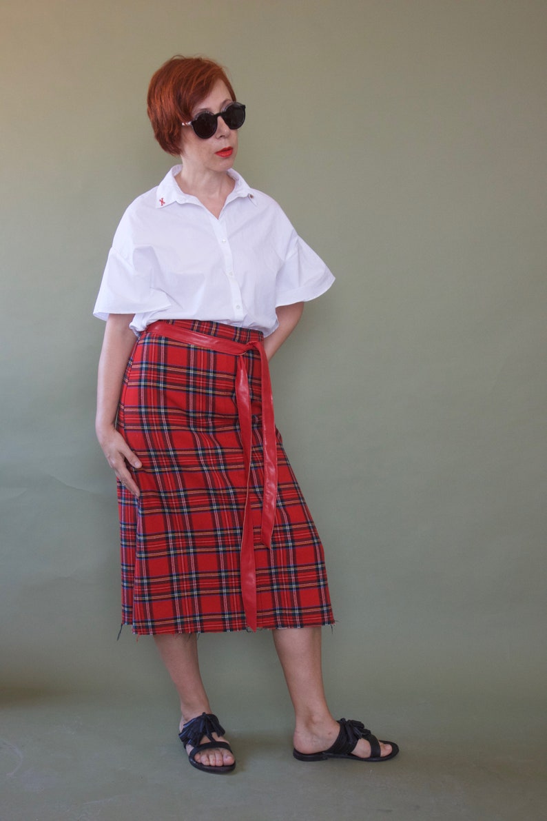 Red tartan 70s skirt Midi plaid skirt Wool checked skirt 70s skirt Preppy A-line skirt image 10