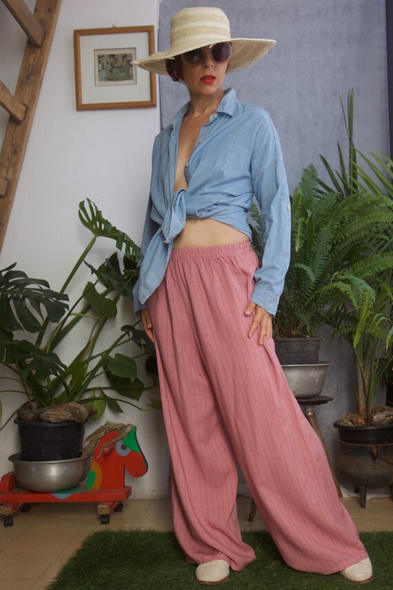 Striped pink woven pants Wide leg elastic waist Pa