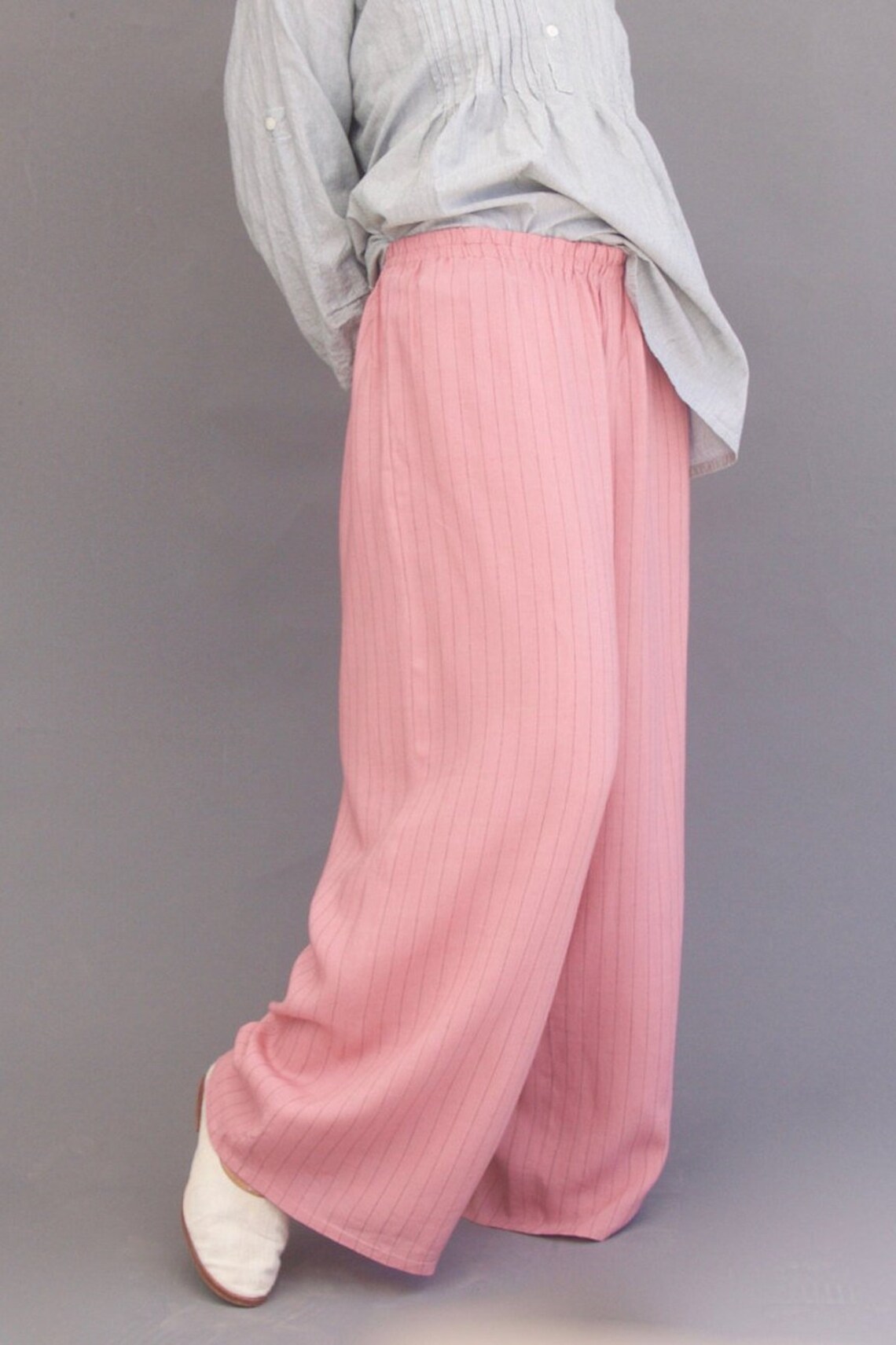 Striped pink woven pants Wide leg elastic waist Palazzo pants | Etsy