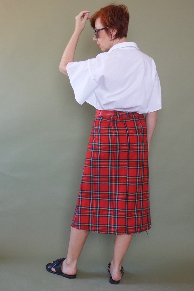 Red tartan 70s skirt Midi plaid skirt Wool checked skirt 70s skirt Preppy A-line skirt image 3