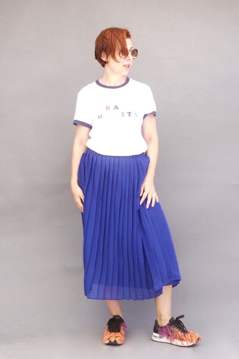 80s vintage skirt Royal blue Pleated sheer skirt Elastic band skirt Casual skirt Minimalist sheer skirt  Midi skirt Streetwear