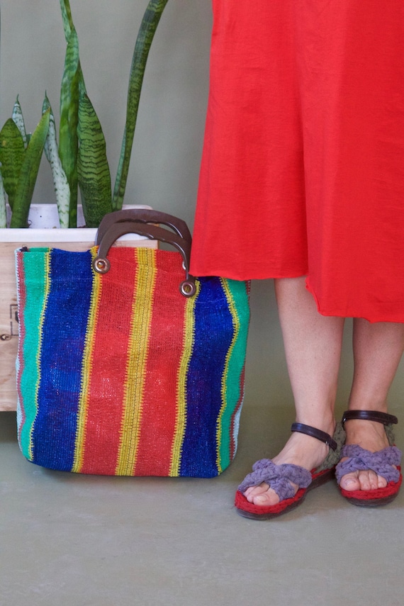 Vintage 70s tote Woven wicker bag Market bag Woven
