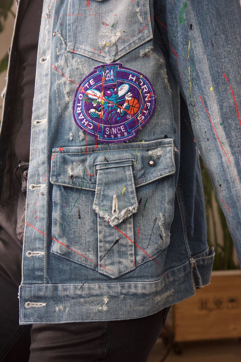 Unisex Acid wash Marsel denim jacket Embellished Jacket Colourful paint splattered denim 90s vintage Embroidered logo patches denim image 8