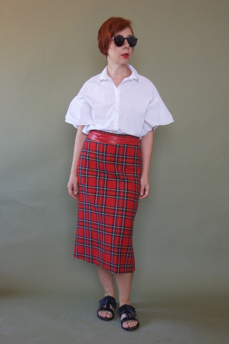 Red tartan 70s skirt Midi plaid skirt Wool checked skirt 70s skirt Preppy A-line skirt image 2