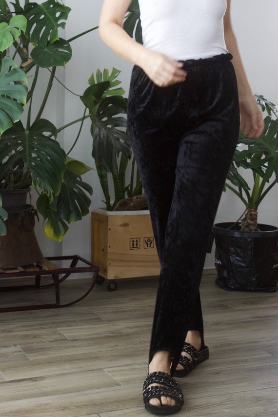 Black Crushed Velvet Stirrup Pants 80s 