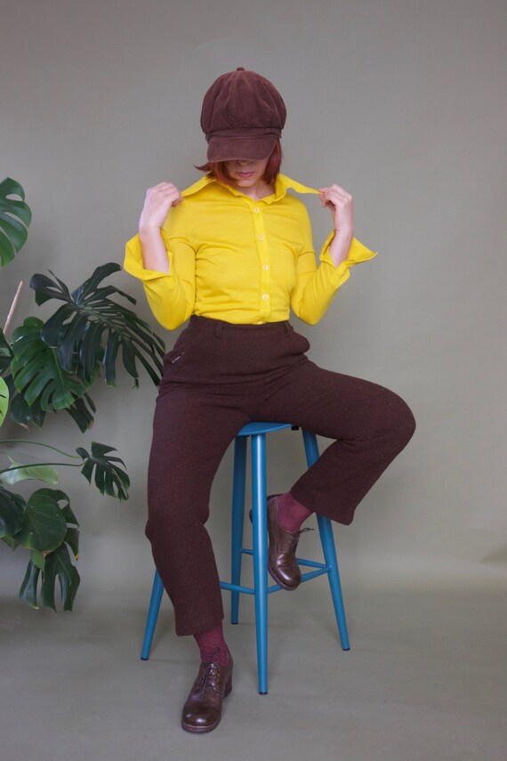 Pineapple yellow shirt 70s button up shirt Women's