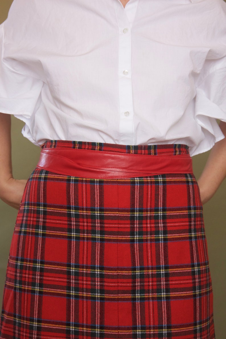 Red tartan 70s skirt Midi plaid skirt Wool checked skirt 70s skirt Preppy A-line skirt image 7