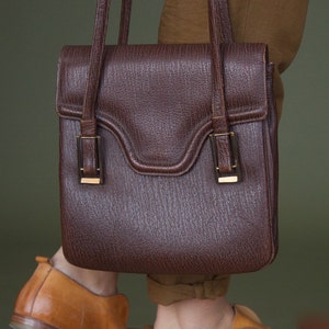 70s vintage structured handbag Brown bag Genuine textured leather bag Kelly&#39;s bag Brown leather bag Mod bag