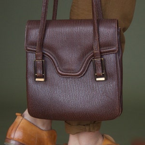 70s vintage structured handbag Brown bag Genuine textured leather bag Kelly's bag Brown leather bag Mod bag image 1