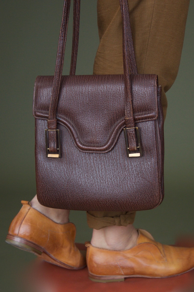 70s vintage structured handbag Brown bag Genuine textured leather bag Kelly's bag Brown leather bag Mod bag image 1