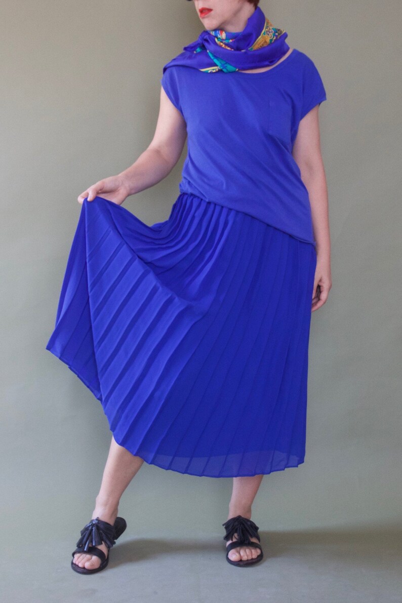 80s vintage skirt Royal blue Pleated sheer skirt Elastic band skirt Casual skirt Minimalist sheer skirt Midi skirt Streetwear
