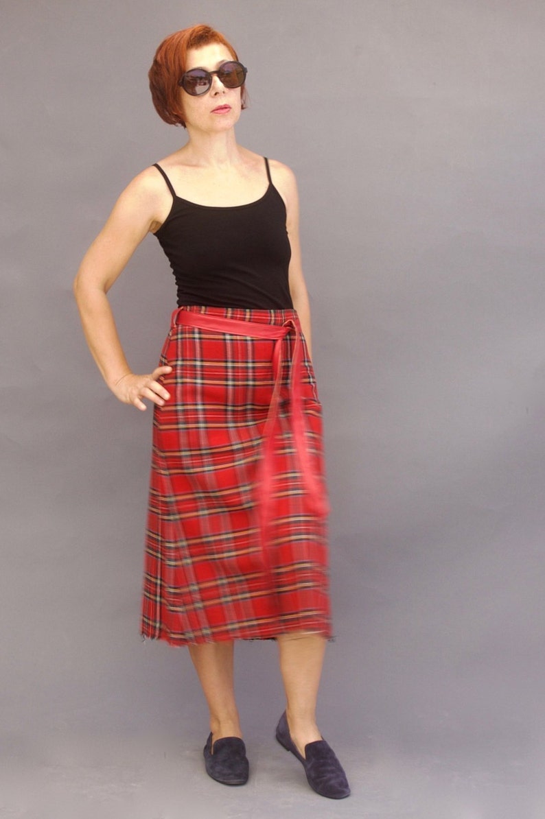 Red tartan 70s skirt Midi plaid skirt Wool checked skirt 70s skirt Preppy A-line skirt image 4